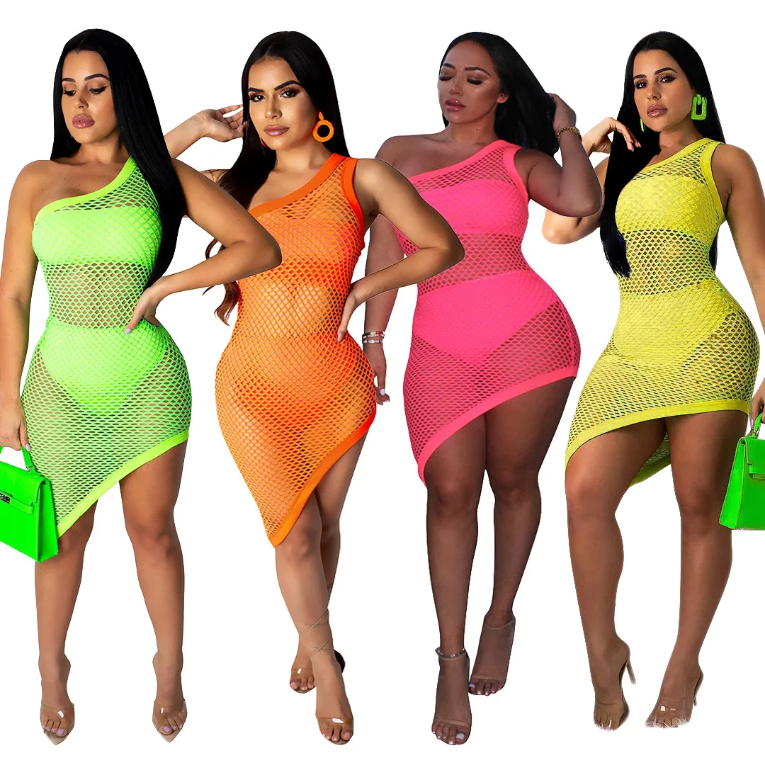 

F10344A fashion high quality mesh hollow perspective oblique shoulder irregular dress bandage dress for women, Light green / orange /rose red / yellow