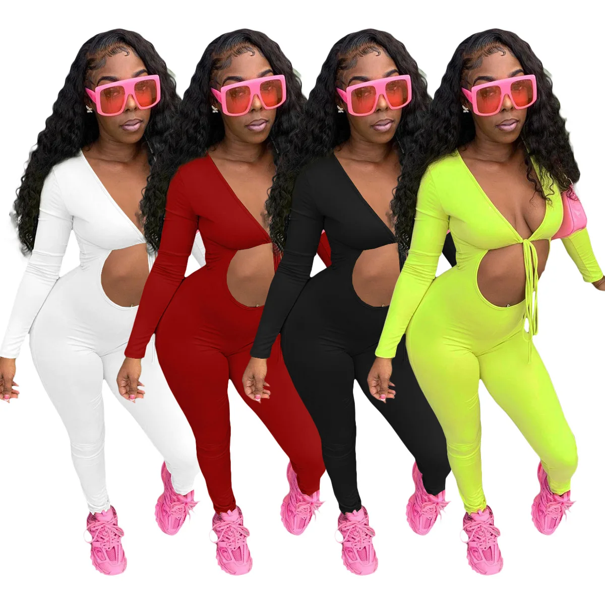 

2022 Hot Sell Solid Color Bodysuit Pants Sexy Body Con One Piece Jumpsuit Woman Clothing