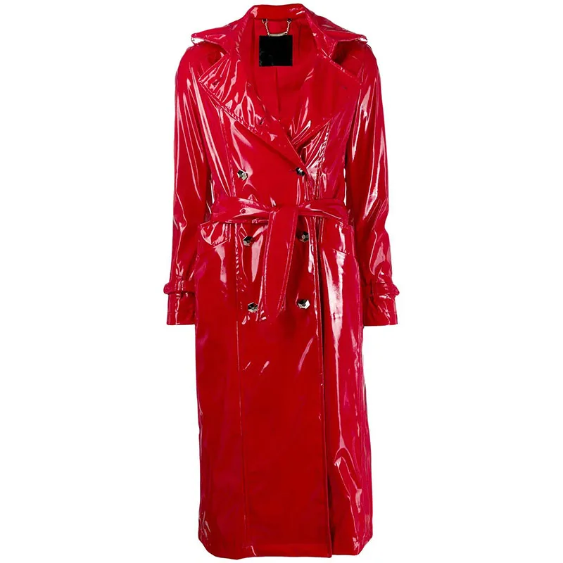 Wholesale Women Shine Trench Coat Tie Waist Red Patent Leather Coat ...
