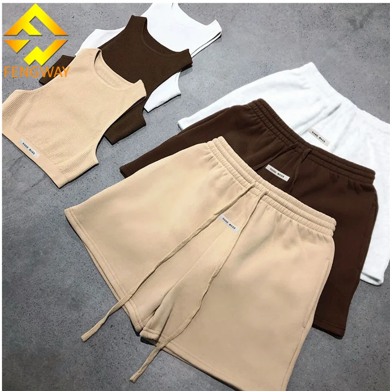 

Fengway Custom Logo Solid Sport Outfit Tracksuits Vest Crop Top 2 Piece Set Women Biker Sweat Shorts Set