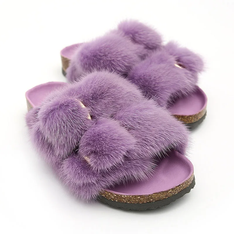

Wholesale Fluffy Fur Slides Pantuflas Real Mink Fur Slipper For Women, Customized color