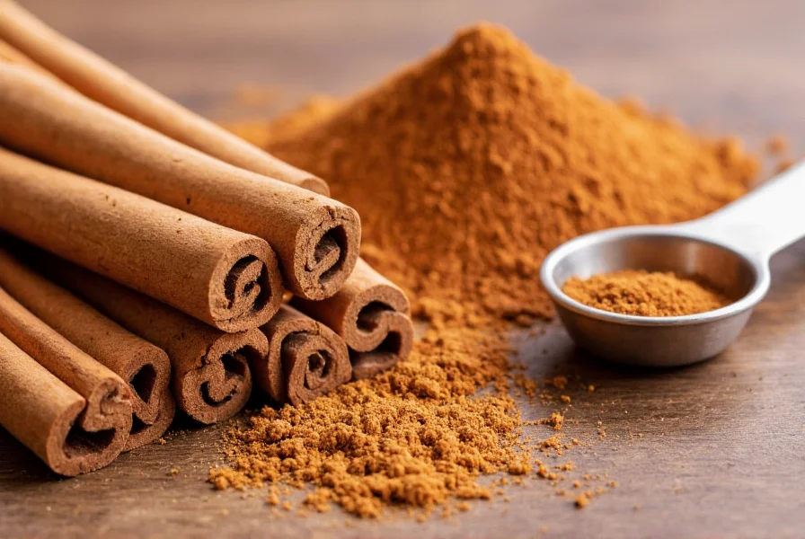 Close-up of Ceylon cinnamon sticks next to Cassia cinnamon powder with measuring spoons