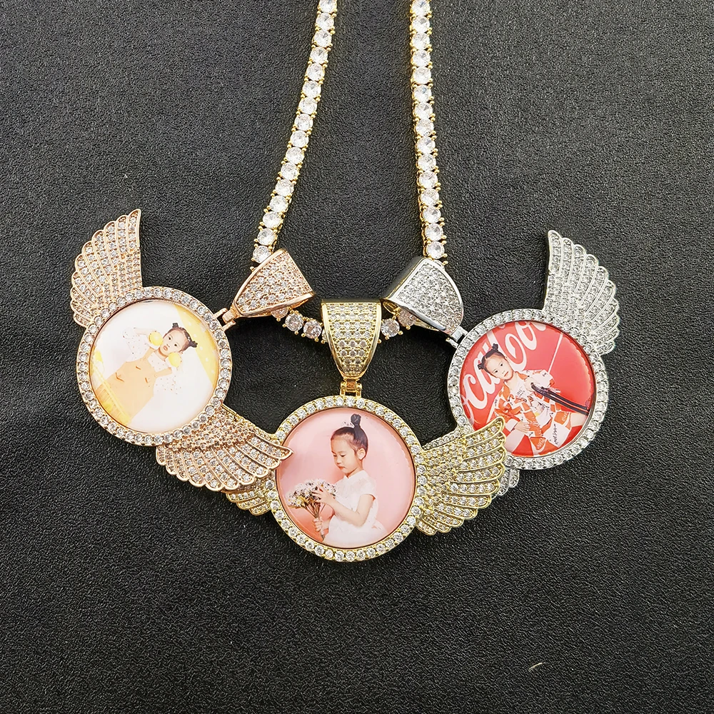 

Hot Sale Hip Hop Fashion Jewelry Wholesale Custom Photo Necklace Sublimation Angel Wings Photo Pendant For Mom, Silver,gold,rose