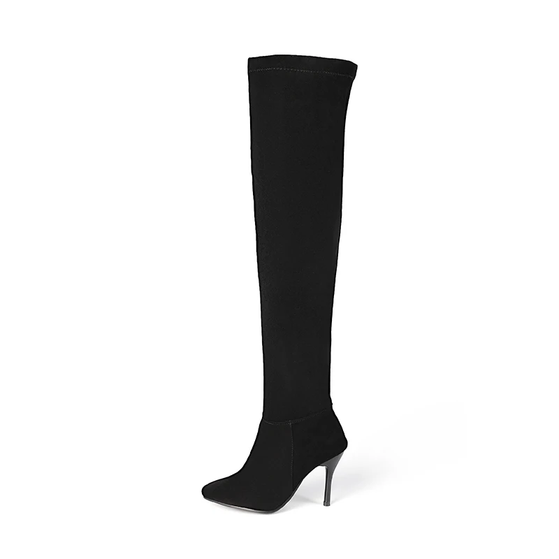 

Fall Winter Pointed Toe Side Zipper Stilettos Women's Over-the-Knee Suede Leather Elastic Suede Boots, Black ecru