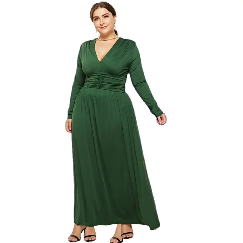 

Hot sale new European and American solid color plus size women's sexy long sleeve deep V dress, Shown