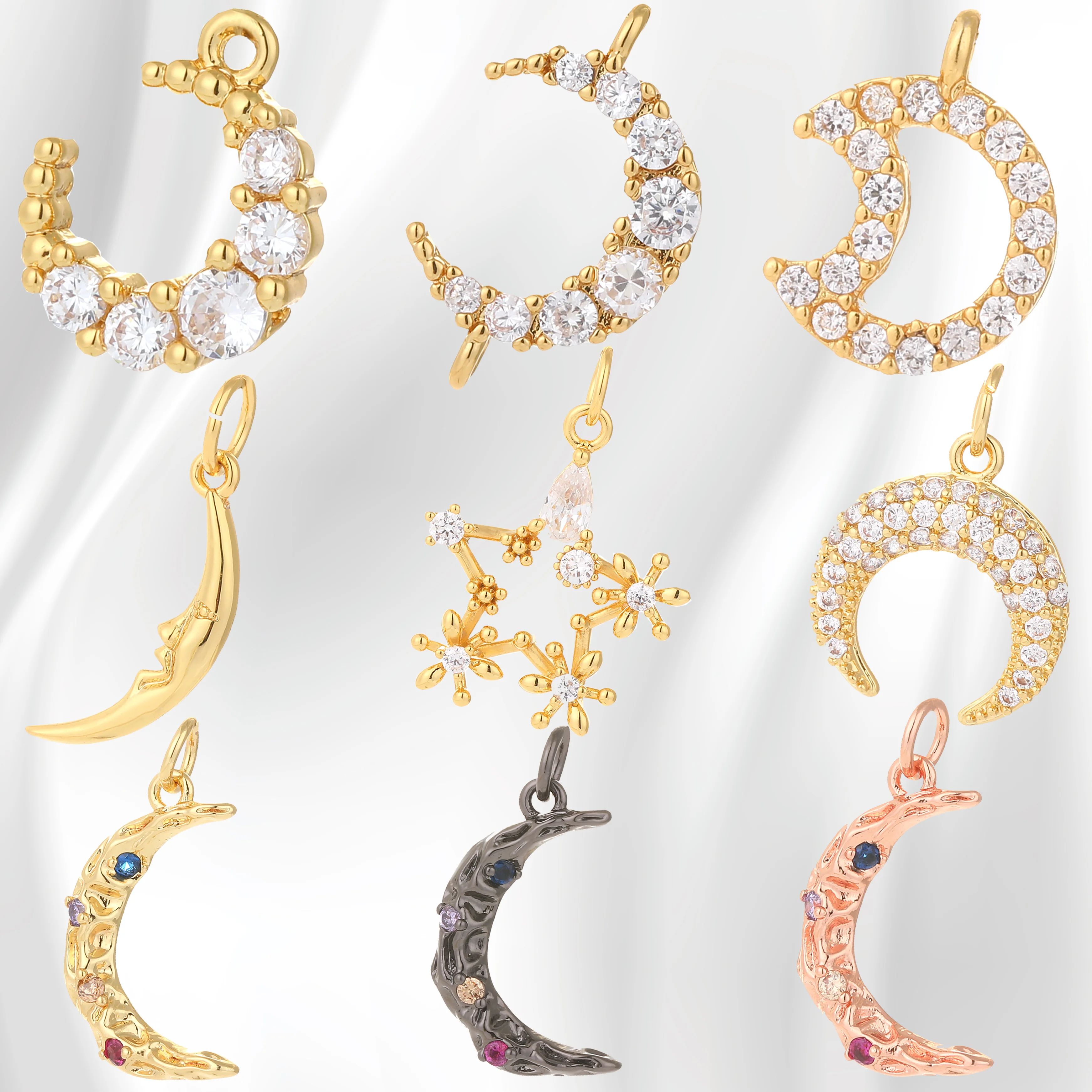 

Various styles of 18k gold-plated with zircon moon and snowflake shape charm pendant for jewelry necklace earring bracelet makin