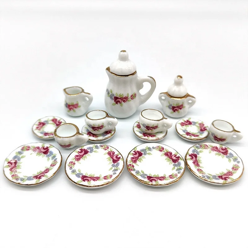 1/12 Scale Dollhouse Miniature Tableware Resin Tea Pot and Cup Set Soft Toy DIY Mini Toy