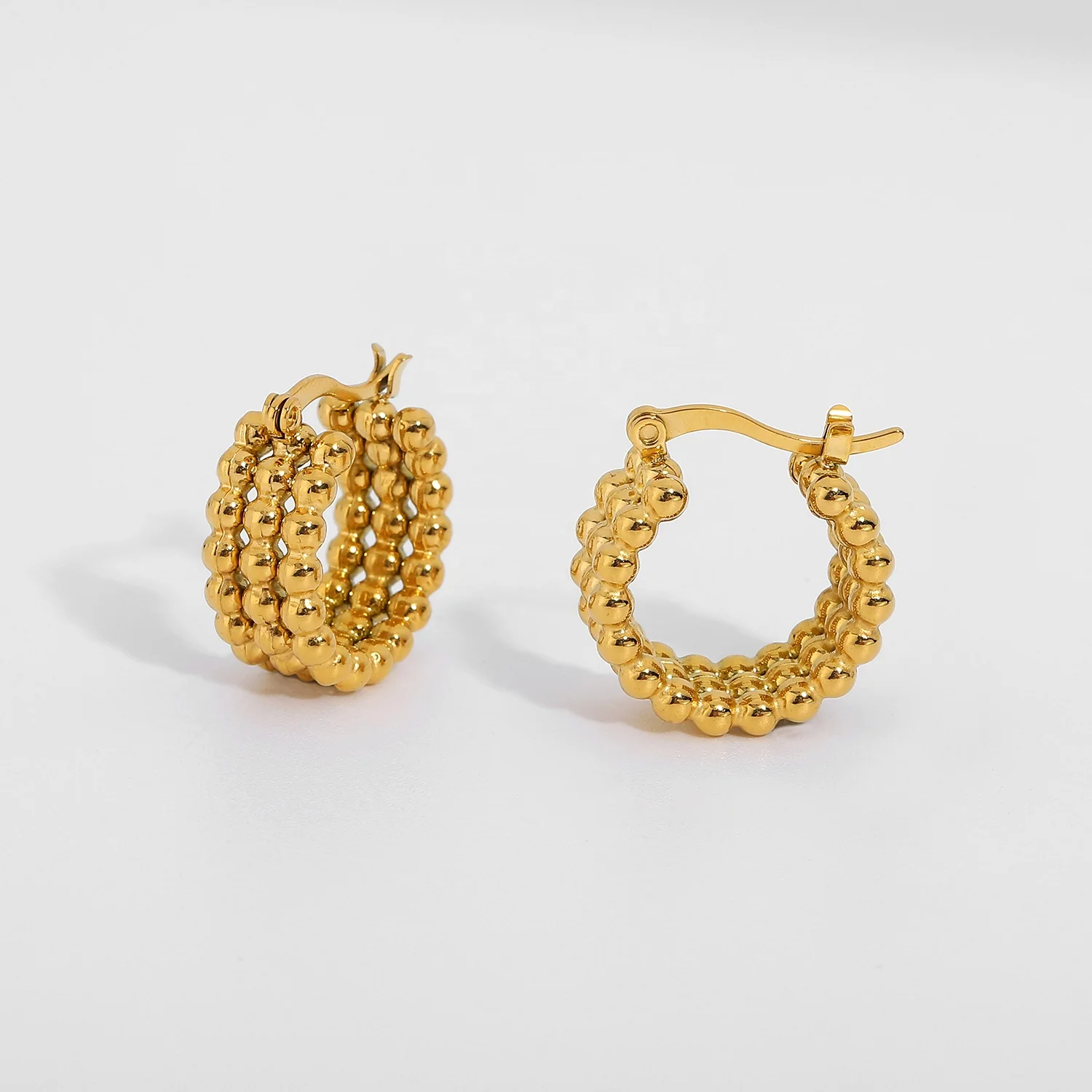 

Waterproof Round Bead Huggie Earrings 18K Gold Plated Stainless Steel Layer Beaded Hoop Earring