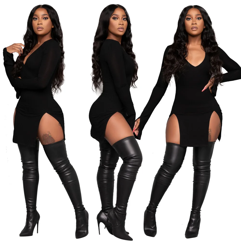 

2021 solid color high waist V-neck split sexy women's dressLong sleeve sexy and slimDress