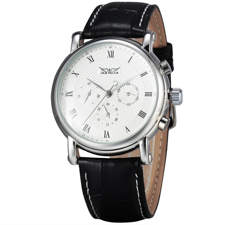 

New JARAGAR 045 Fashion Automatic Mechanical Men Watches 24 Hour Week Date Solid Dial Leather Band Simple Wristwatch Gift