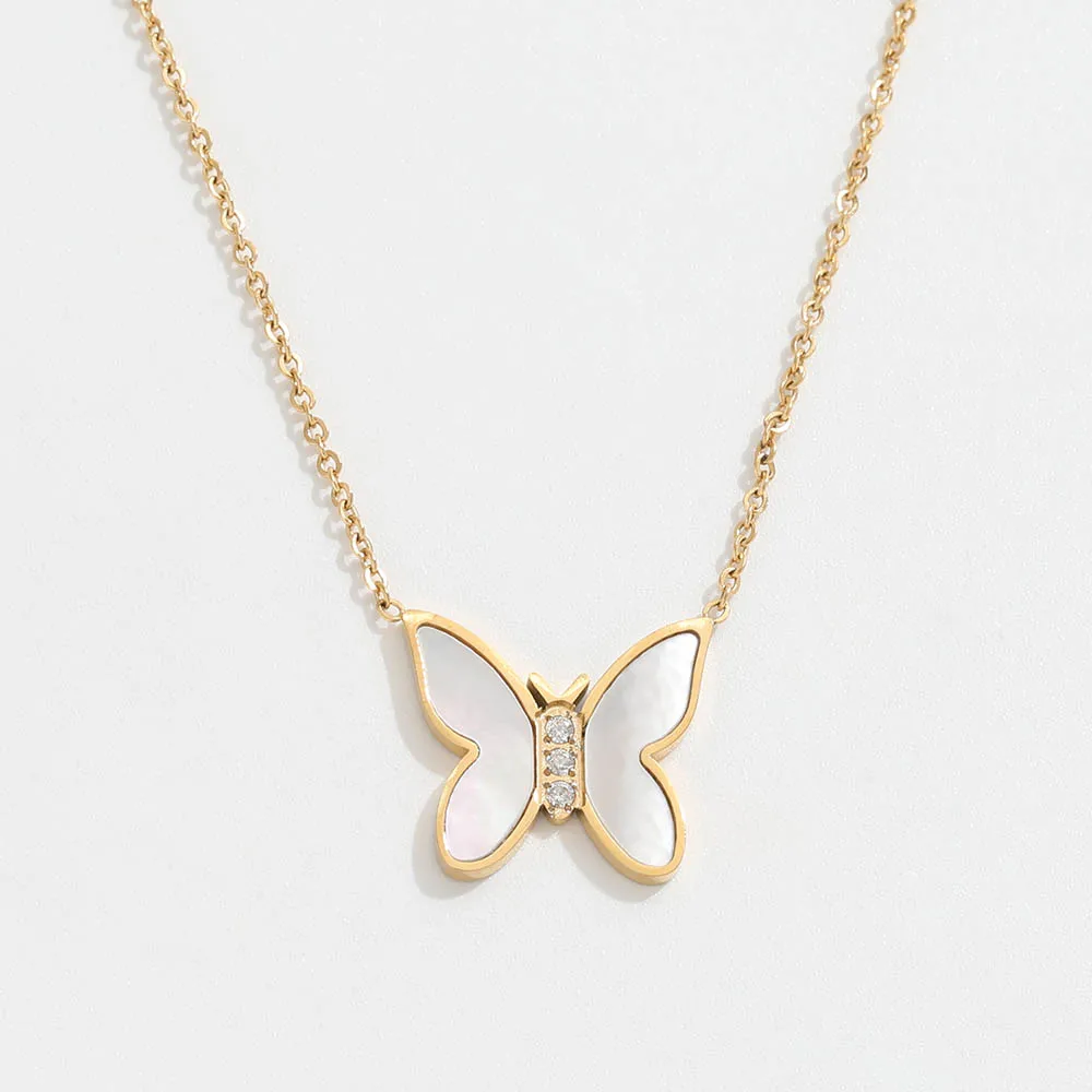 Joolim Jewelry 18K Gold Plated Dainty Zirconia Shell Butterfly Pendant Choker Necklace Stainless Steel Jewelry Wholesale