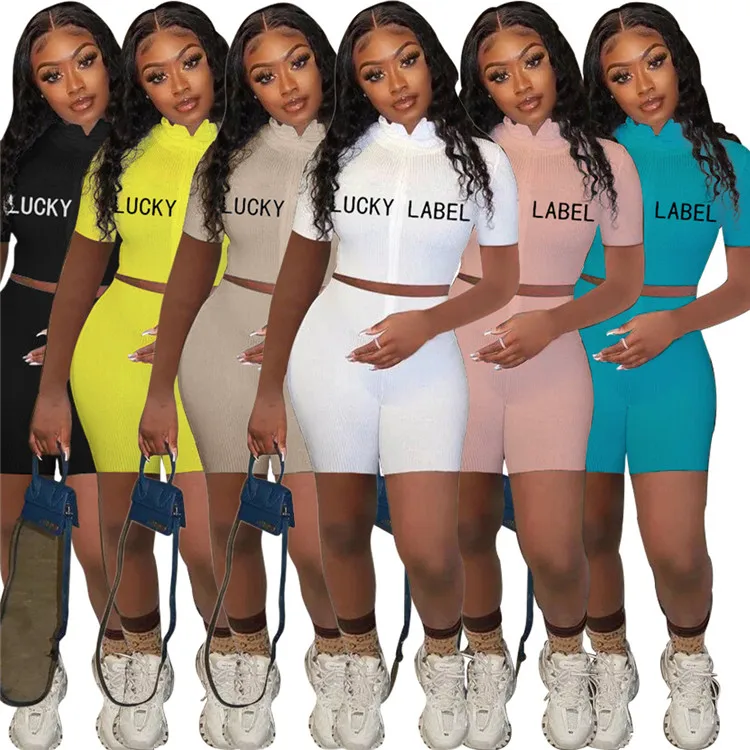 

Lucky Lable Embroidery Two Piece Set For Women 2021 Summer Short Sleeve Ribbed Crop Top And Fitness Shorts Sports Tracksuit XXL, As picture