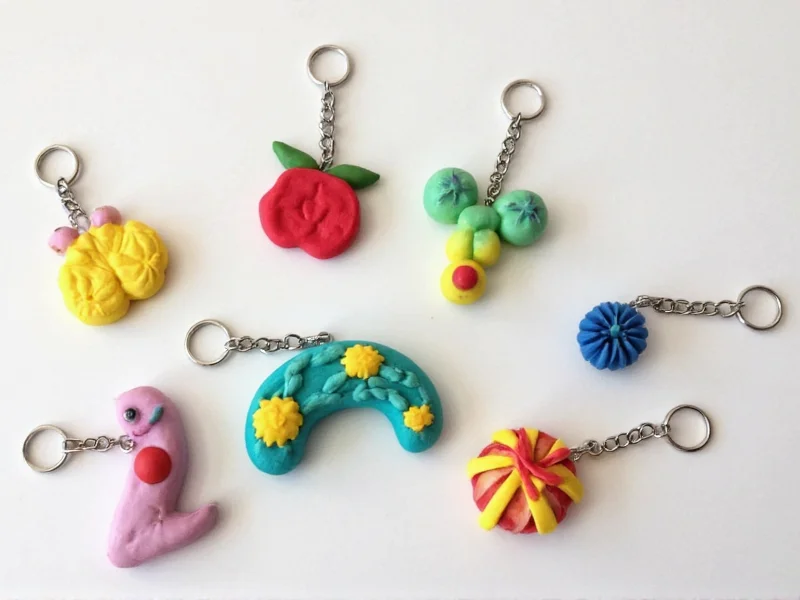 Polymer clay shapes baked into keychain charms