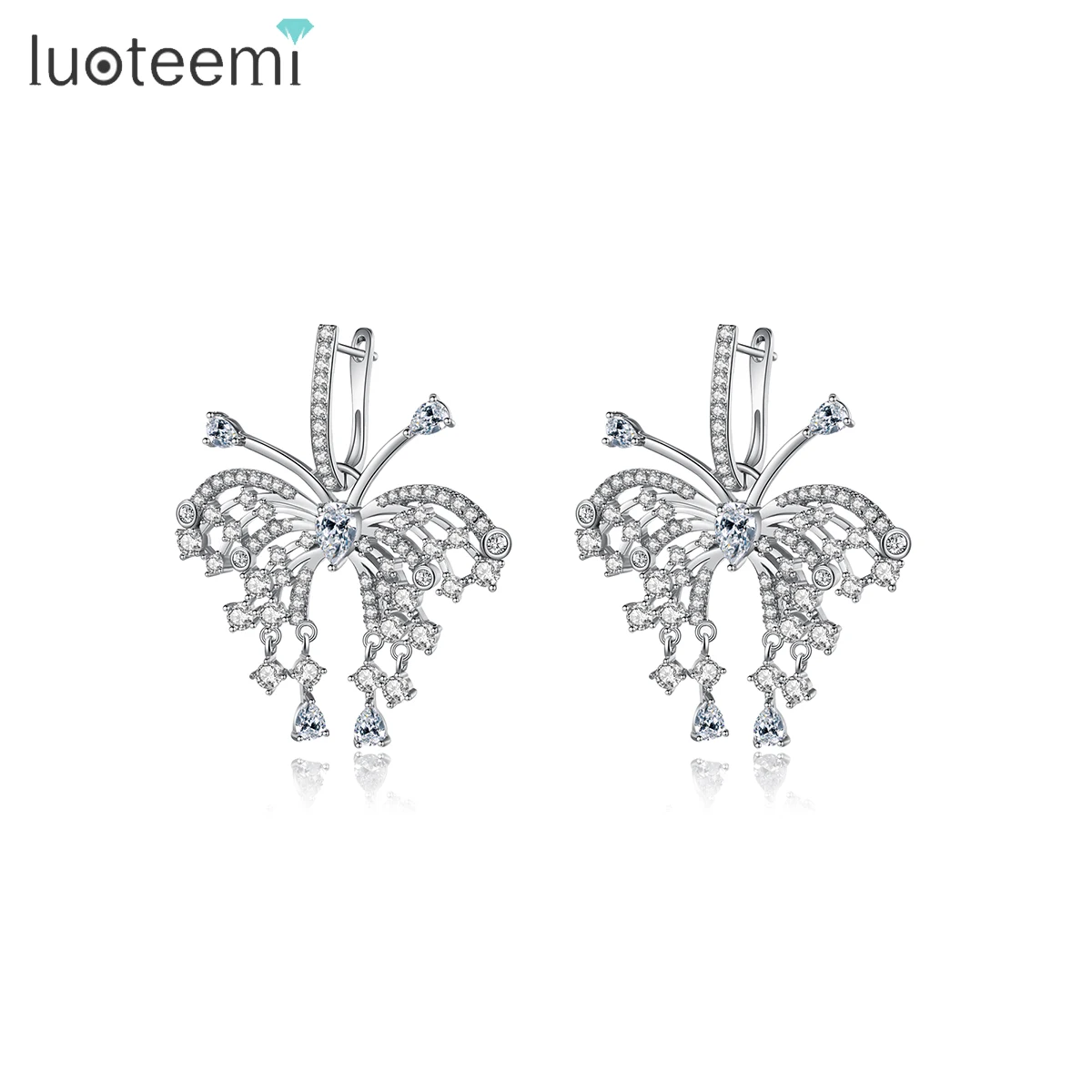 

LUOTEEMI Cubic Zirconia Luxury Inspired Big Charm Woman Fashion Earing Bridal Zircon Butterfly Hoop Earrings