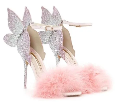 

2020 Bowknot Party Butterfly High Heel Dress Shoes Ankle-Wrap Crystal Fur Sandals Fish Mouth Height 8cm Rhinestone Stiletto, Light pink