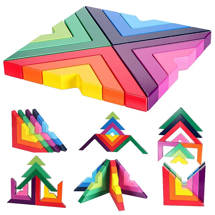 

Geometric Shapes Rainbow Wood Stacking Wooden Stacker Toy Building Blocks For Kids