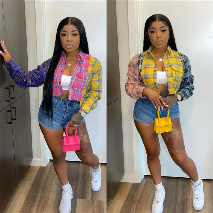 

D8367-woman tops fashionable crop top women blouse long sleeve casual plaid shirt