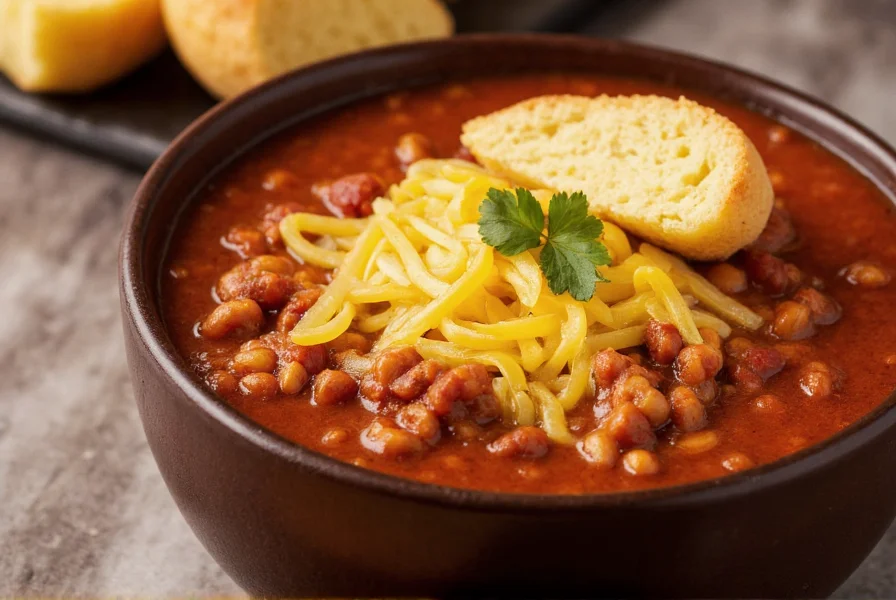 Bowl of steaming crock pot chili with cheese melting on top served with cornbread