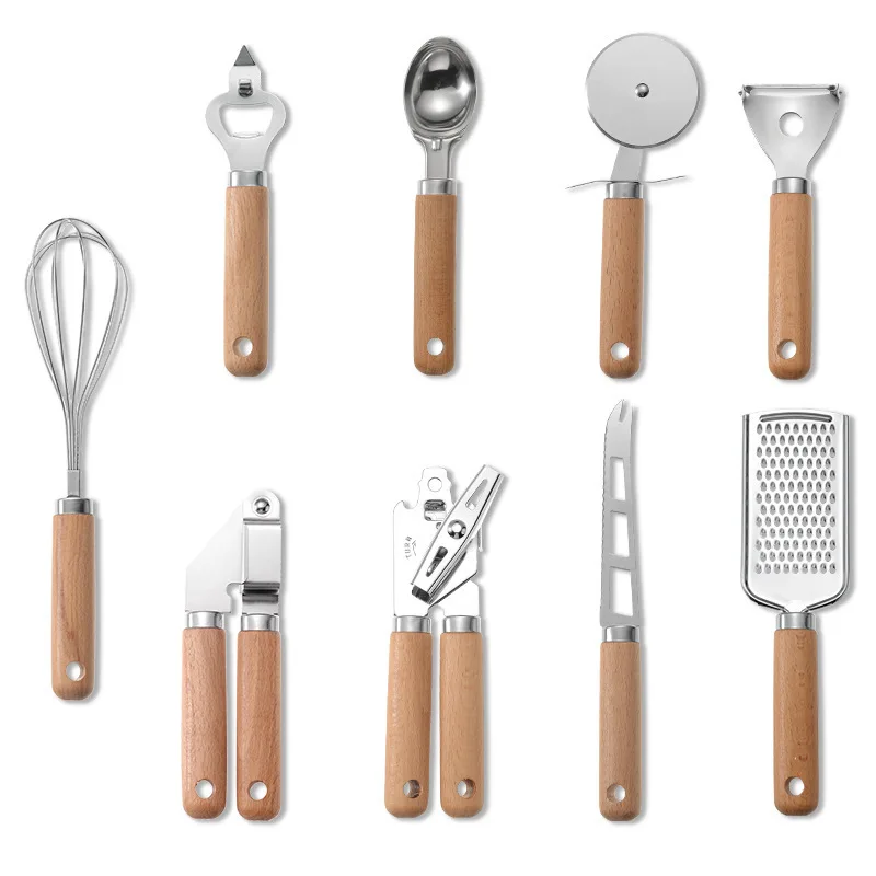 

Kitchen Utensils Sets Stainless Steel Pizza Cutter Egg Whisk Cheese Knife Planer with Wooden Handle Kitchen Gadget set