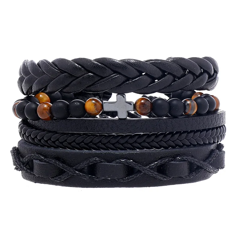 

2023 Fashion Gifts Braided Design Classic 4pcs/set Christian Cross Black Men's Leather Bracelet Set