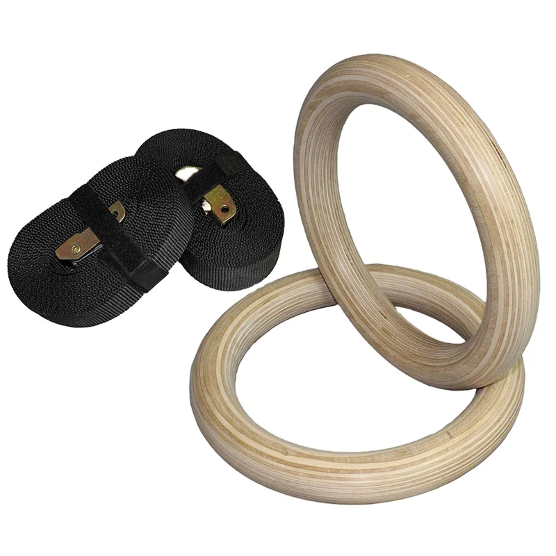 

Training Power Man Wooden Gymnastic Rings with Nylon Strap, Black strap, wooden color ring