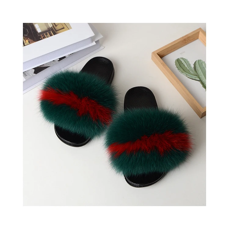 

Support For Custom Fox Fur Slippers Custom Made Logo Women Indoor Outdoor Slippers, Customized color