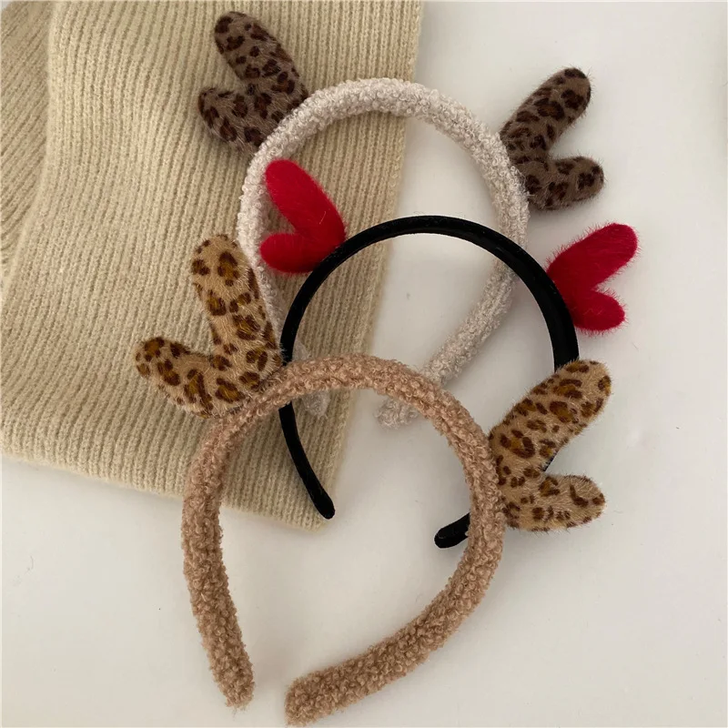 

JUHU Christmas new cute plush elk horn headband wool felt Santa Claus hairband hair rope headdress for women, Colorful