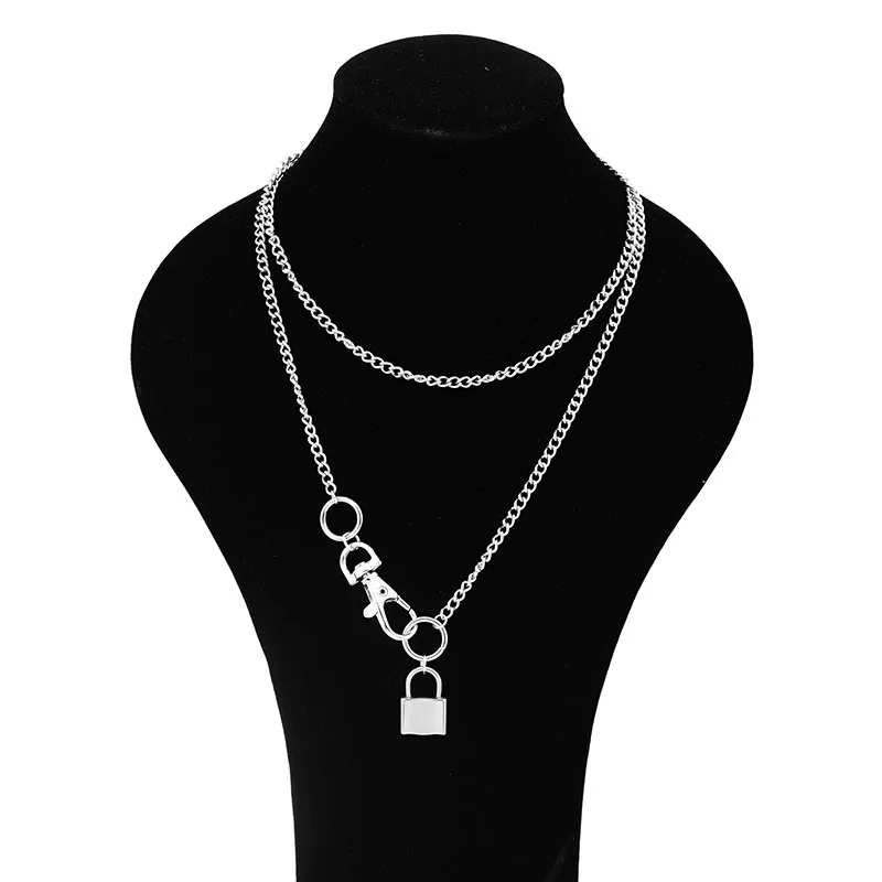 

New Stainless Steel Lock Necklace Double Long Chains Necklace Women good quality