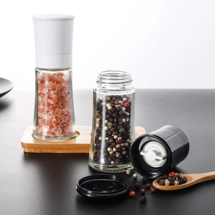 

2020 new arrival 70mlx2 ABS lid Ceramic Grinder Spice jar Salt and Pepper grinders mills Set with Bamboo base