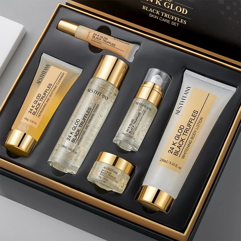 Facial Kit Skincare Product Supplier Manufacturer Aesthtany 24k Glod Black Truffles Serum Face&Body Lotion 6-Piece Skin Care Set