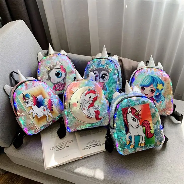 

2021 wholesale fashion high quality waterproof Chic sequins unicorn leather backpack glitter young girls shiny sequins backpack