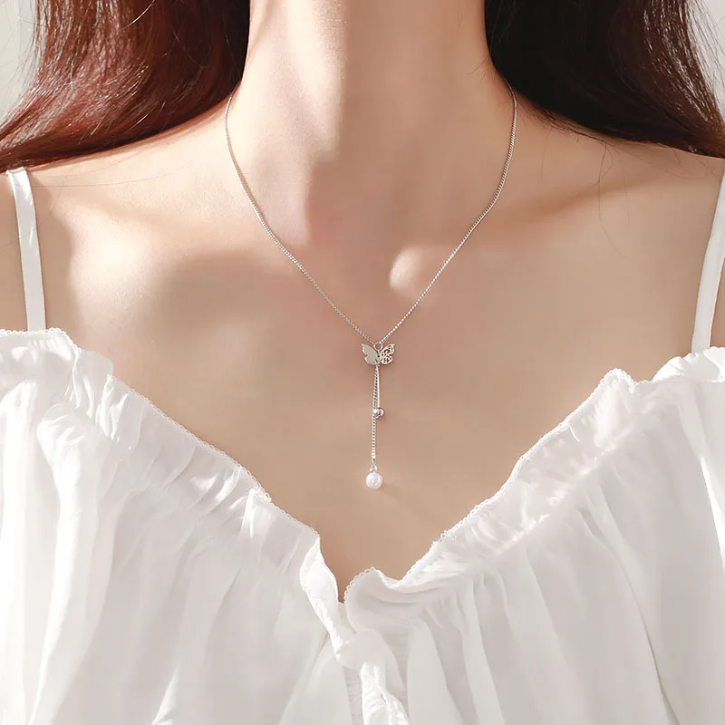 

Butterfly necklace female Korean simple temperament personality tassel pearl Y necklace clavicle chain students jewelry gifts