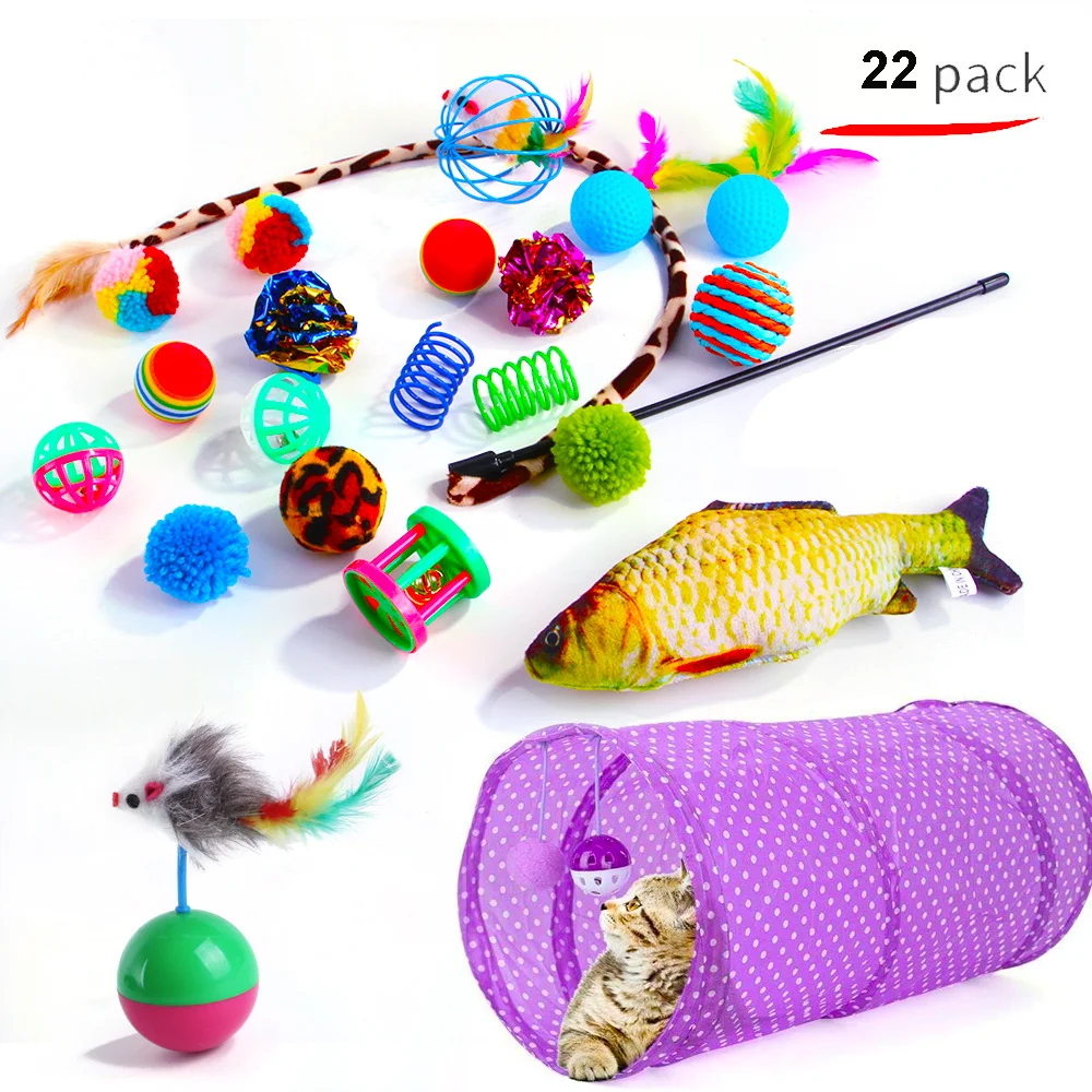 

22 Pcs Indoor Cats Collapsible Cat Toys,Tunnel Interactive Feather Toys , Teaser Wand Ball Toy for Kitten Cats