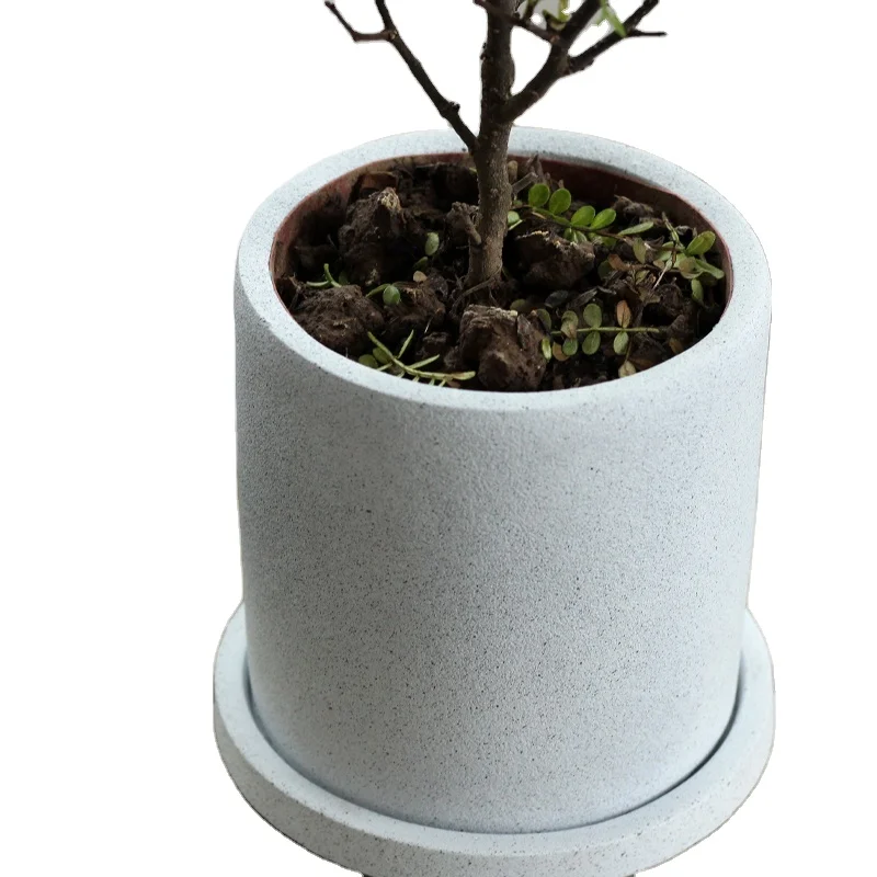

Wholesale cylinder shape cement orchid pots with saucer for home garden decor, White with black dots
