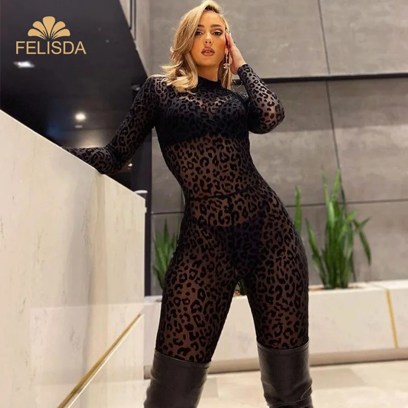 

Women's Sexy Perspective Mesh Jumpsuit Long Sleeve Back Hollow Out Slim Skinny Party Club Bodycon Playsuit Romper