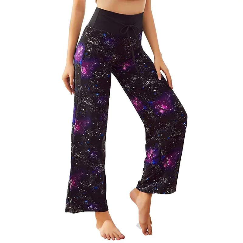 

In Stock Women Yoga Wear Wholesale Fashion Printed Wide Leg Trousers Soft High Waist Yoga Pants, As the pictures show
