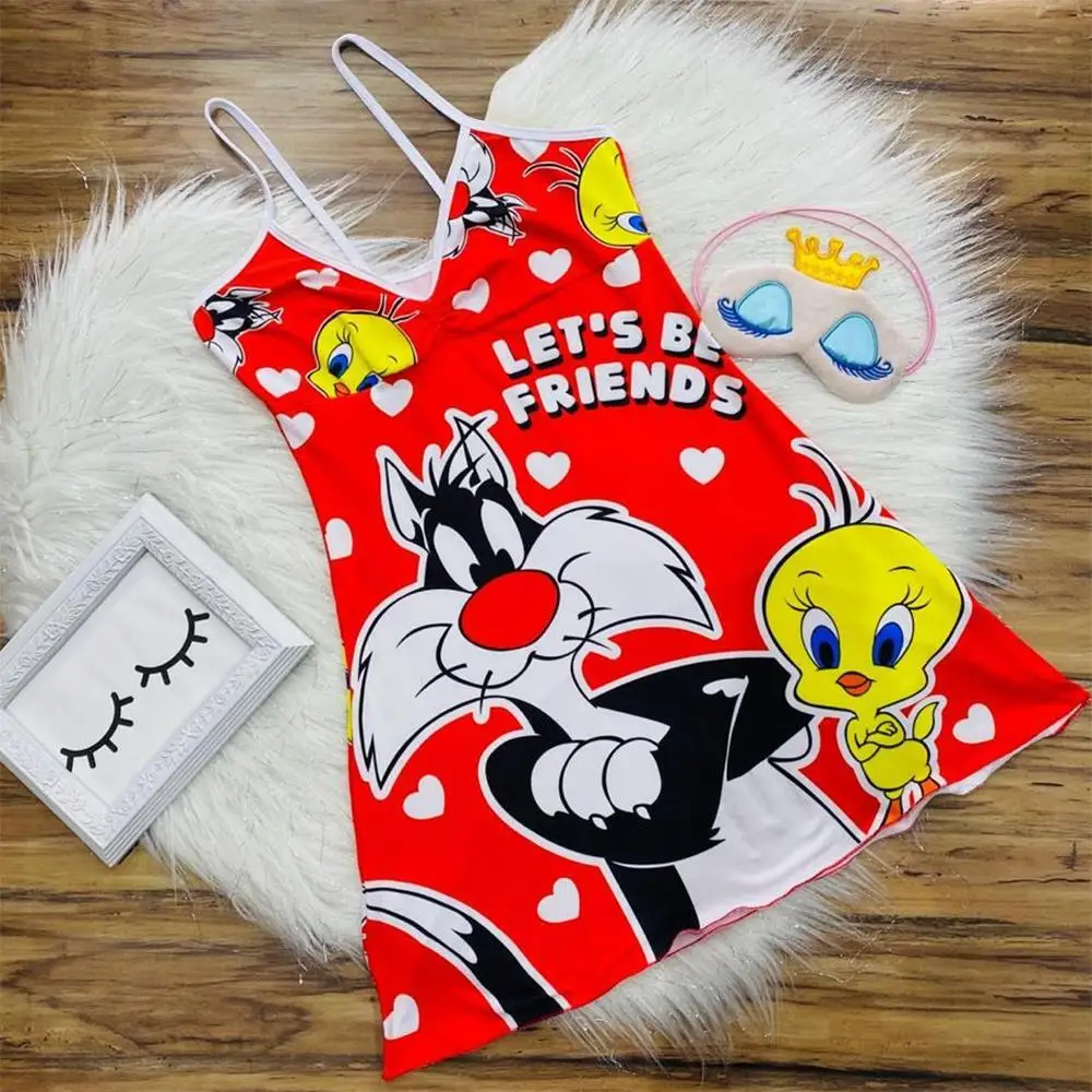 

Wholesale women cartoon Tom cat printed shorts set sweat cartoon halter dress cartoon sleepwear, Mix color