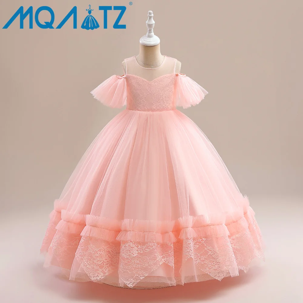 

MQATZ wholesale off shoulder tulle lace kids girl dress 8-12 year pink elegant puffy party dress ALP-0018