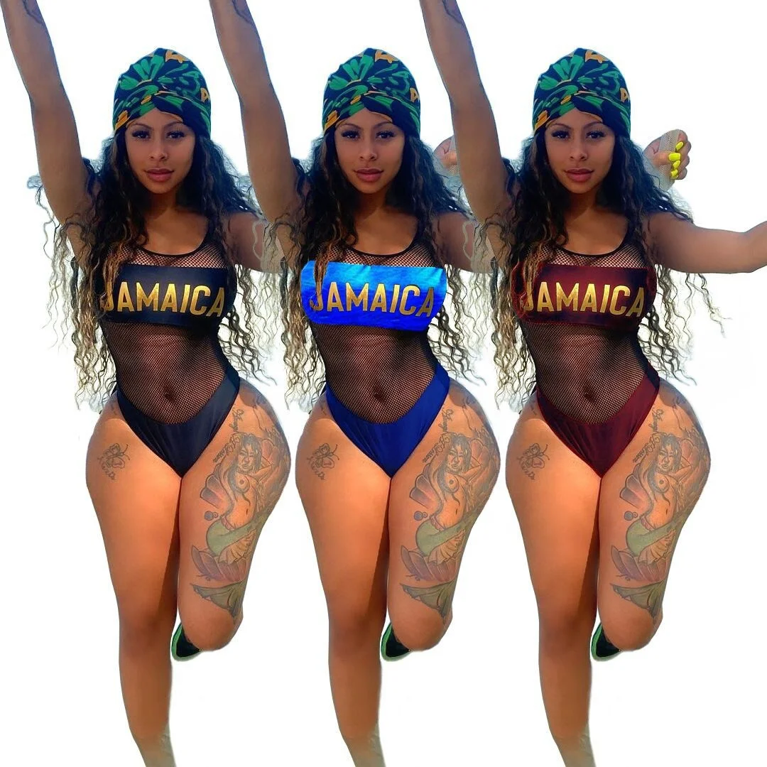 

MT100-470 2021 wholesale ladies fashion sexy net yarn material letter printing swimsuit women