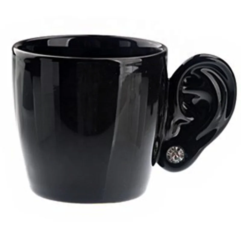 

Ceramic Ear Shape Handle Creative Mug with Glass Diamond Black Mug, As photo