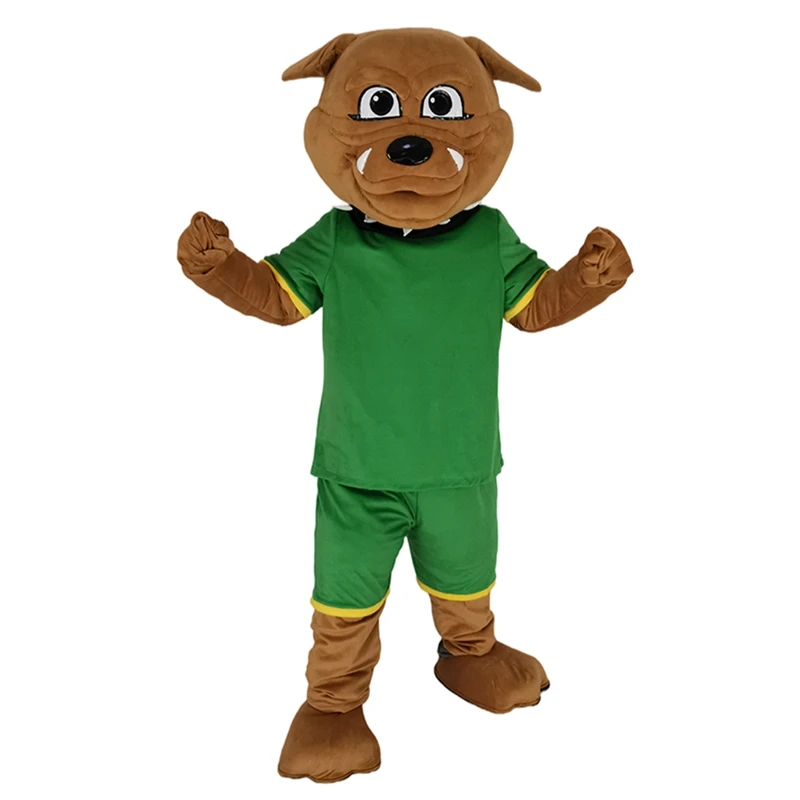 

Brown Bulldog in Green Sweatshirt Mascot Costume Animal