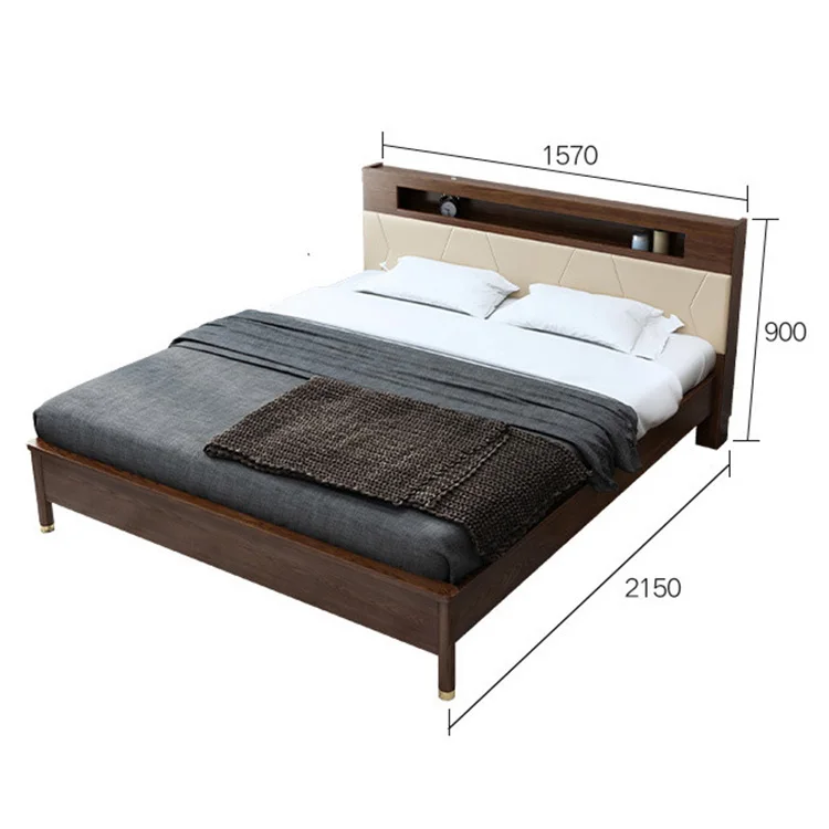 product-Wooden bedroom furniture Queen bed wooden single double bed with lighted headboard design-Bo