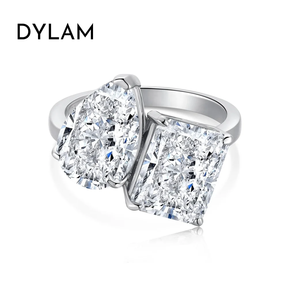 Dylam Double Main Stone Teardrop Fashion Pear Cut Rectangle Sterling Silver s925 Zirconia Fashion Jewelry Rings