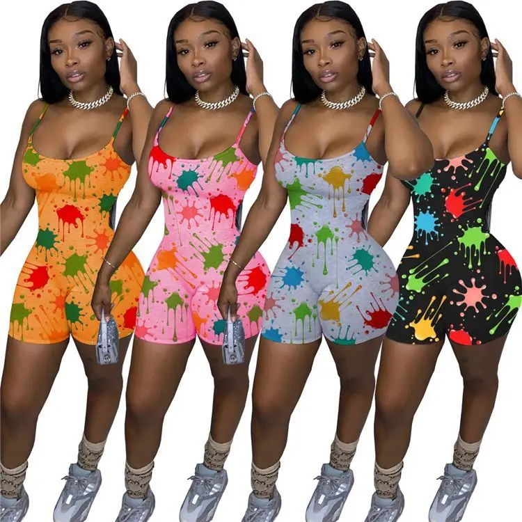 

OSINA Spaghetti Straps Print Bodycon Jumpsuit Woman 2021 Casual Summer Womens One Piece Jumpsuit And Rompers