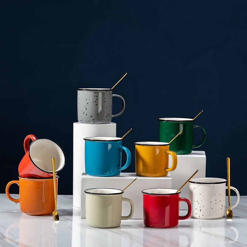 

Doyoung 300ml 400ml Coloured Glaze Vintage Tableware Imitation Enamel Coffee Mug Cup with Spoon, Yellow,red,green,blue,white