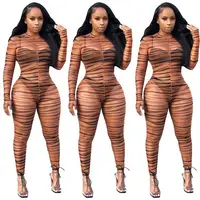 

10207NA Mesh Net Stripe Print Women Long Sleeve Bodycon See Through Clubwear Jumpsuits Casual