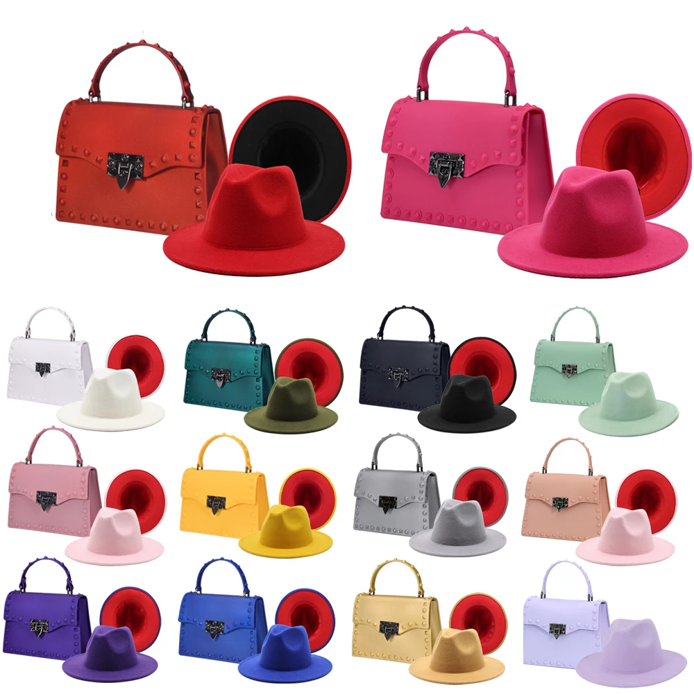 

2022 Handbags Fashion Pvc Ladies Shoulder Handbags Set Fedora Hat And Rivet Jelly Handbag Sets Designer Luxury Bag For Women