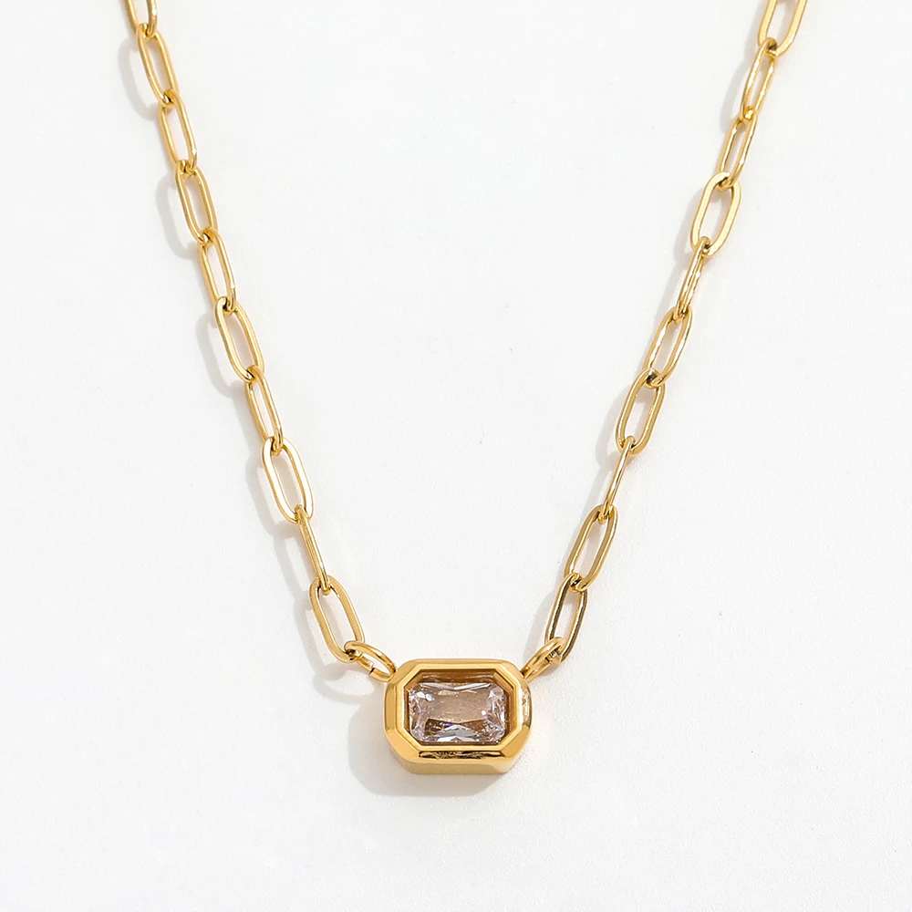 JOOLIM Ready to Ship High End Stainless Steel Paper Pin Rectangle Zirconia Pendant Necklace 18K Gold Plated Jewelry Wholesale