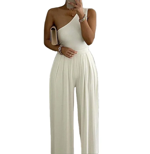 

women's concise sexy shoulder asymmetry comfortable jumpsuit pants wide leg jumpsuit, Picture