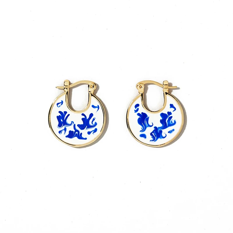 

ROXI oriental style blue and white porcelain brass 18k gold plating retro earrings
